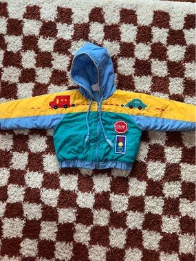 Vintage Kids Colorblock Hooded Jacket with Traffic Appliqués - Teal/Yellow/Blue